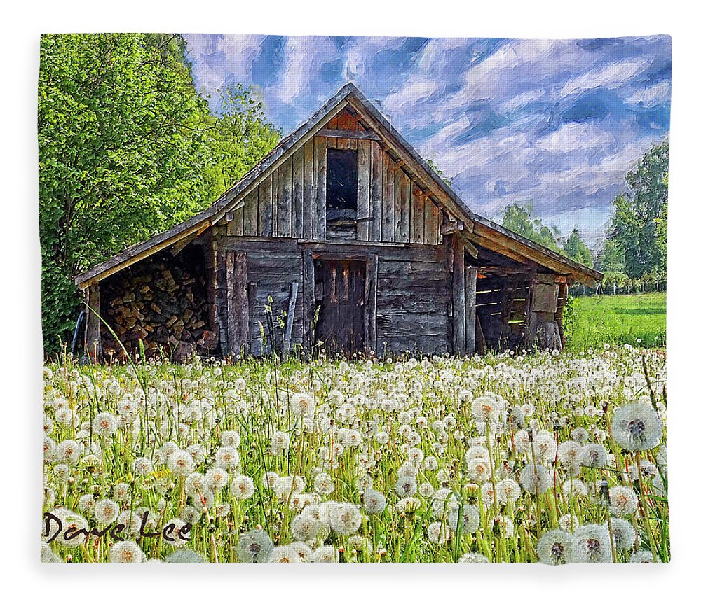 Barn Fleece Blanket featuring the mixed media Dandelions Guarding The Barn by Dave Lee