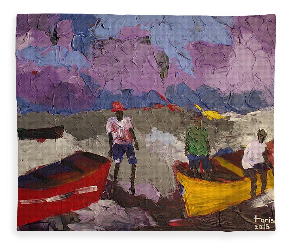 African Art Fleece Blanket featuring the painting Dark Purple Fishing Sky by Tarizai Munsvhenga