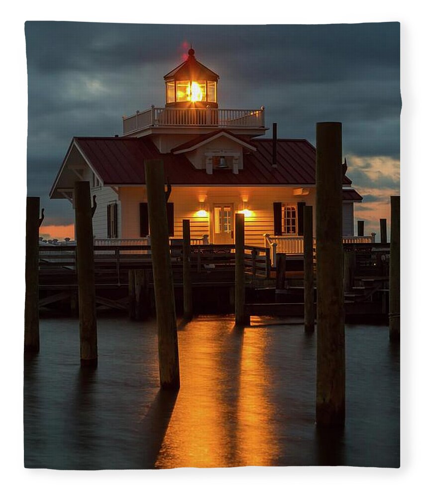 Architecture Fleece Blanket featuring the photograph Dawn at Roanoke Marshes Lighthouse by Liza Eckardt