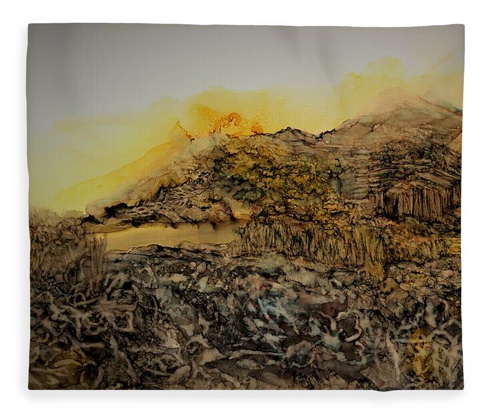 Reflection Fleece Blanket featuring the painting Daybreak at the Old Mill by Angela Marinari