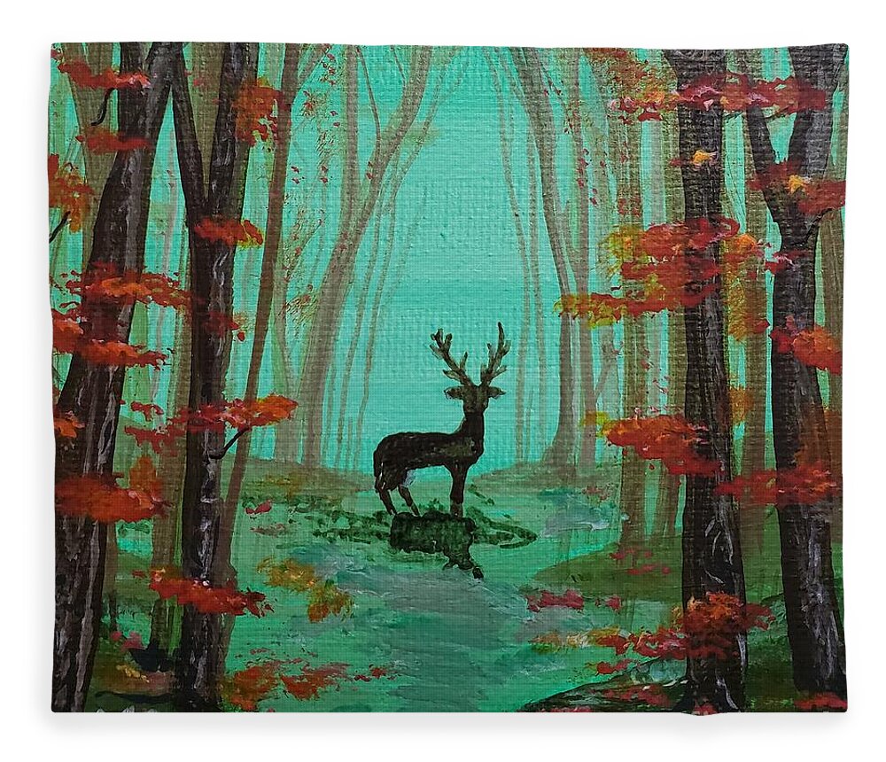 Deer Fleece Blanket featuring the painting Deer In Green Mist by Monika Shepherdson