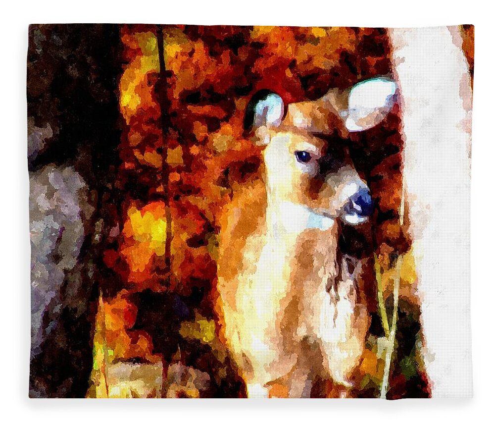 Deer Fleece Blanket featuring the mixed media Deer in the Woods by Christopher Reed