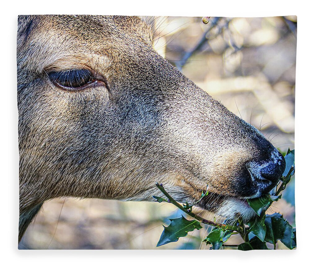 Deer Eye Green Leaves Close Fleece Blanket featuring the photograph Deer by John Linnemeyer