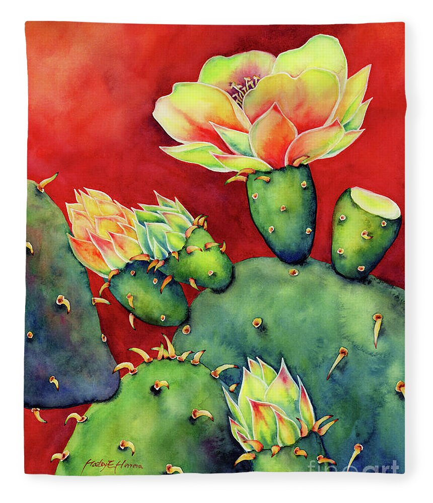 Cactus Fleece Blanket featuring the painting Desert Bloom by Hailey E Herrera