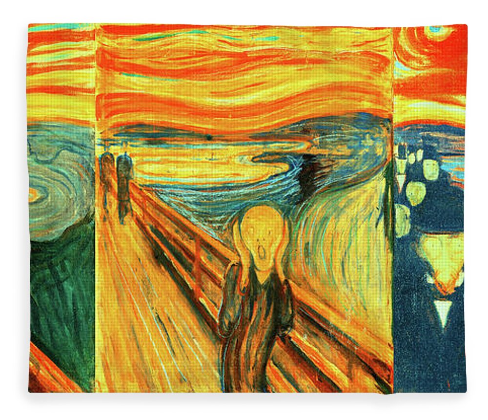 The Scream Fleece Blanket featuring the digital art Despair, Scream and Anxiety by Edvard Munch - collage by Nicko Prints