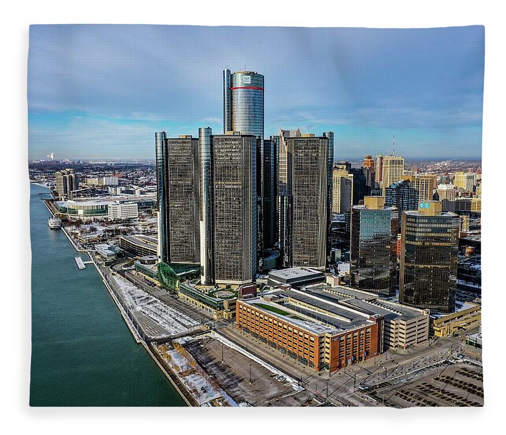 Detroit Fleece Blanket featuring the photograph Detroit Ren Cen DJI_0475 by Michael Thomas