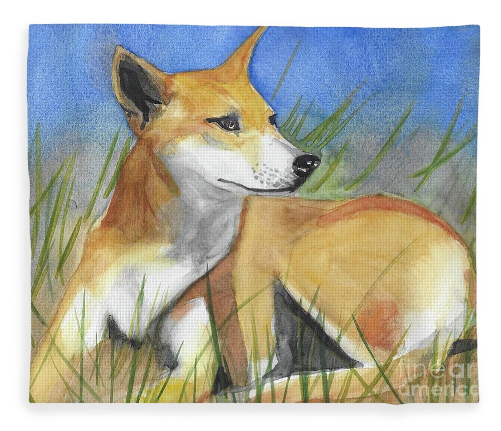 Dingo Fleece Blanket featuring the painting Dinggu - Wiradjuri - Dingo, native dog by Vicki B Littell