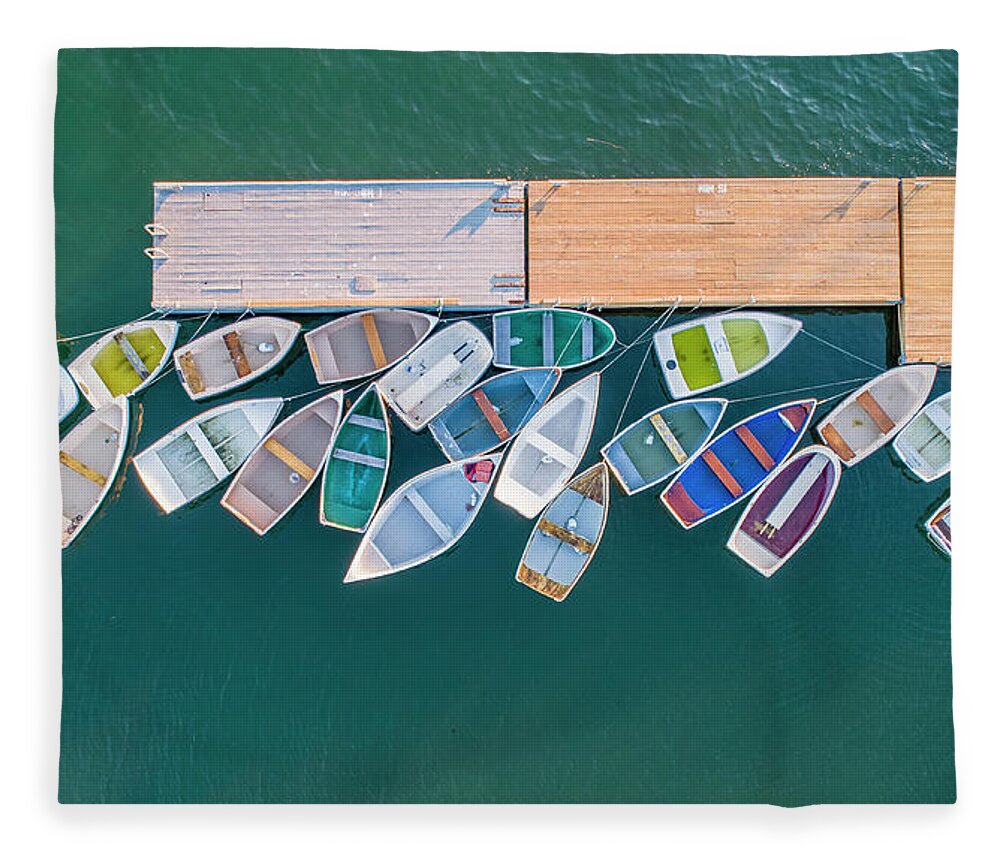 Docks Fleece Blanket featuring the photograph Dock and Dory by Veterans Aerial Media LLC