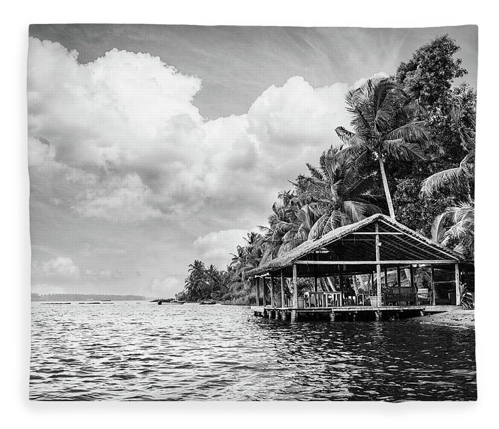 African Fleece Blanket featuring the photograph Dockhouse Under the Palms Black and White by Debra and Dave Vanderlaan