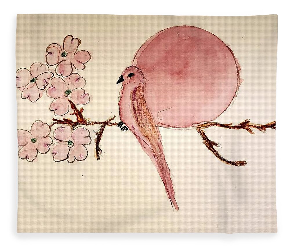  Fleece Blanket featuring the painting Dogwood, bird and a pink moon by Margaret Welsh Willowsilk
