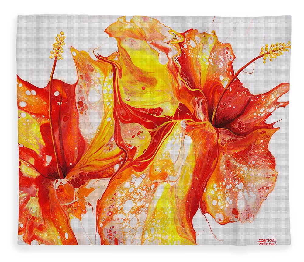 Flower Fleece Blanket featuring the painting Double Red and Yellow Hibiscus by Darice Machel McGuire