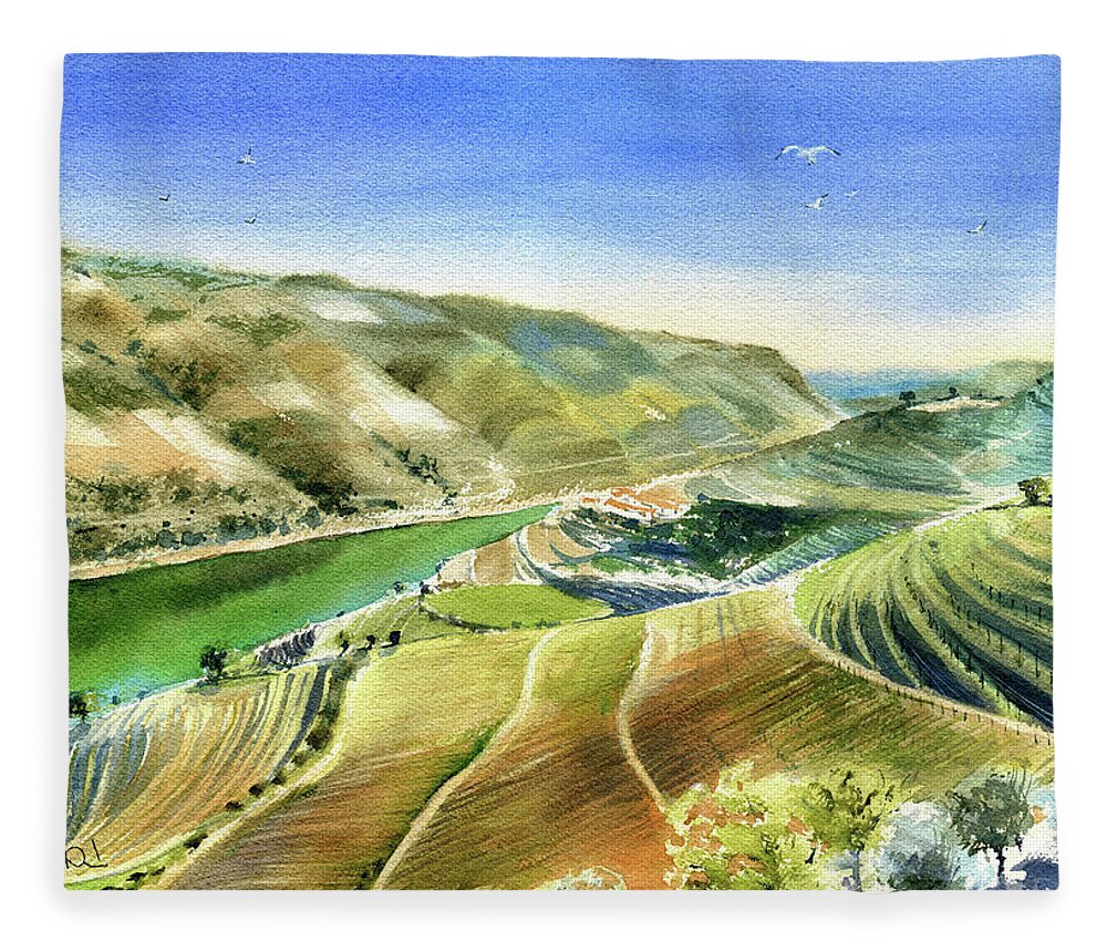 Portugal Fleece Blanket featuring the painting Douro Valley Scenery Painting by Dora Hathazi Mendes