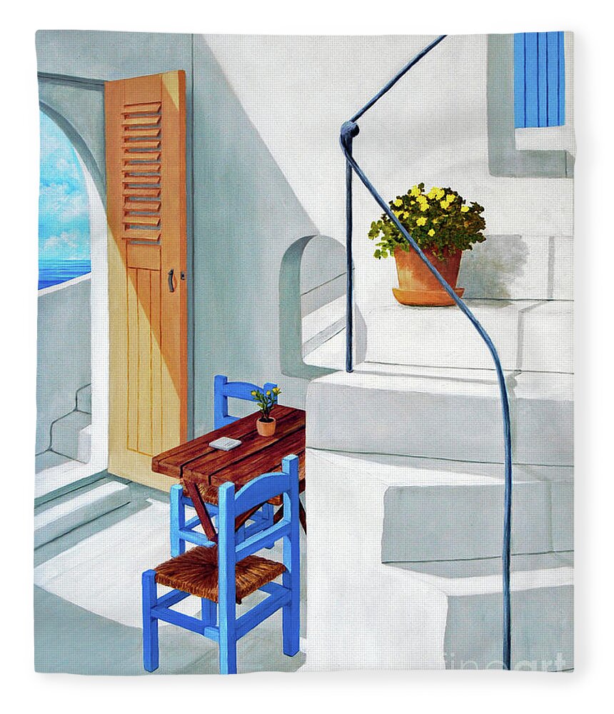 Santorini Greece Fleece Blanket featuring the painting DOWNSTAIRS IN SANTORINI-prints of oil painting by Mary Grden