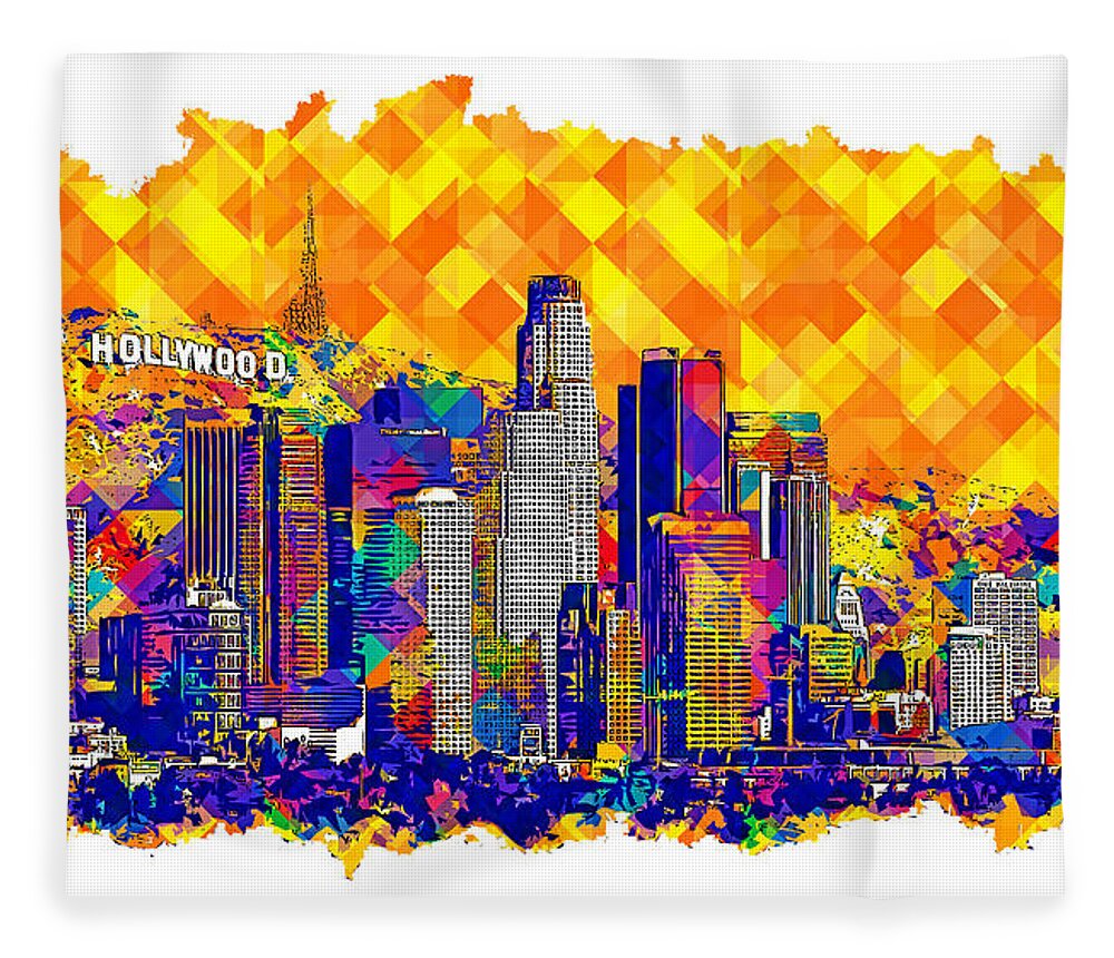 Los Angeles Fleece Blanket featuring the digital art Downtown Los Angeles skyline with the Hollywood sign in the background - colorful digital painting by Nicko Prints