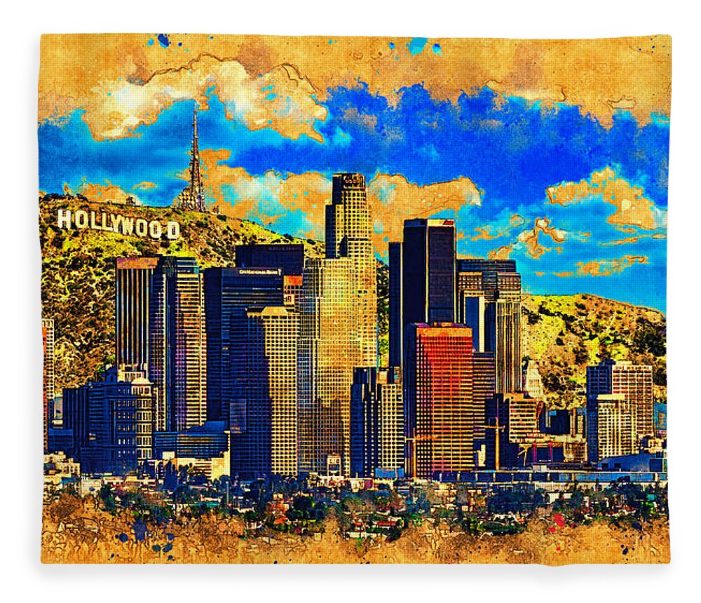 Los Angeles Fleece Blanket featuring the digital art Downtown Los Angeles skyline with the Hollywood sign in the background - digital painting by Nicko Prints