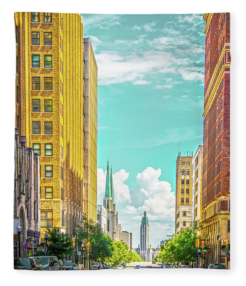 Main Street Fleece Blanket featuring the photograph Downtown Tulsa with turquoise sky - Modern and Art Deco building by Susan Vineyard