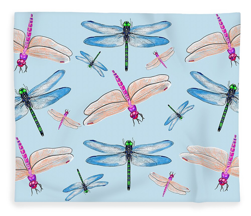 Dragonflies In Blue Sky By Judy Link Cuddehe Fleece Blanket featuring the mixed media Dragonflies in Blue Sky by Judy Link Cuddehe