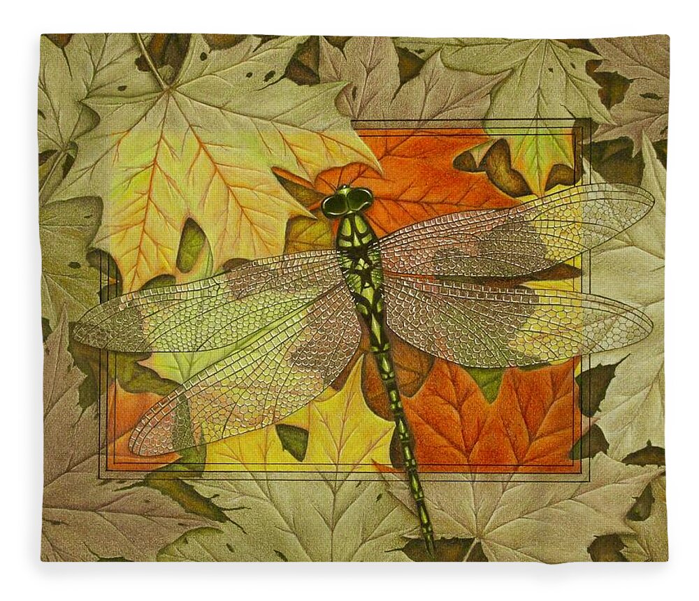 Kim Mcclinton Fleece Blanket featuring the drawing Dragonfly Fall by Kim McClinton