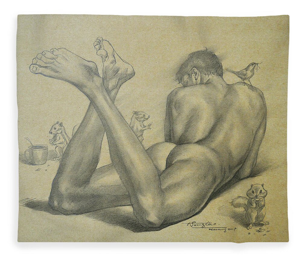 Male Nude Fleece Blanket featuring the drawing Drawing-party #210331 by Hongtao Huang