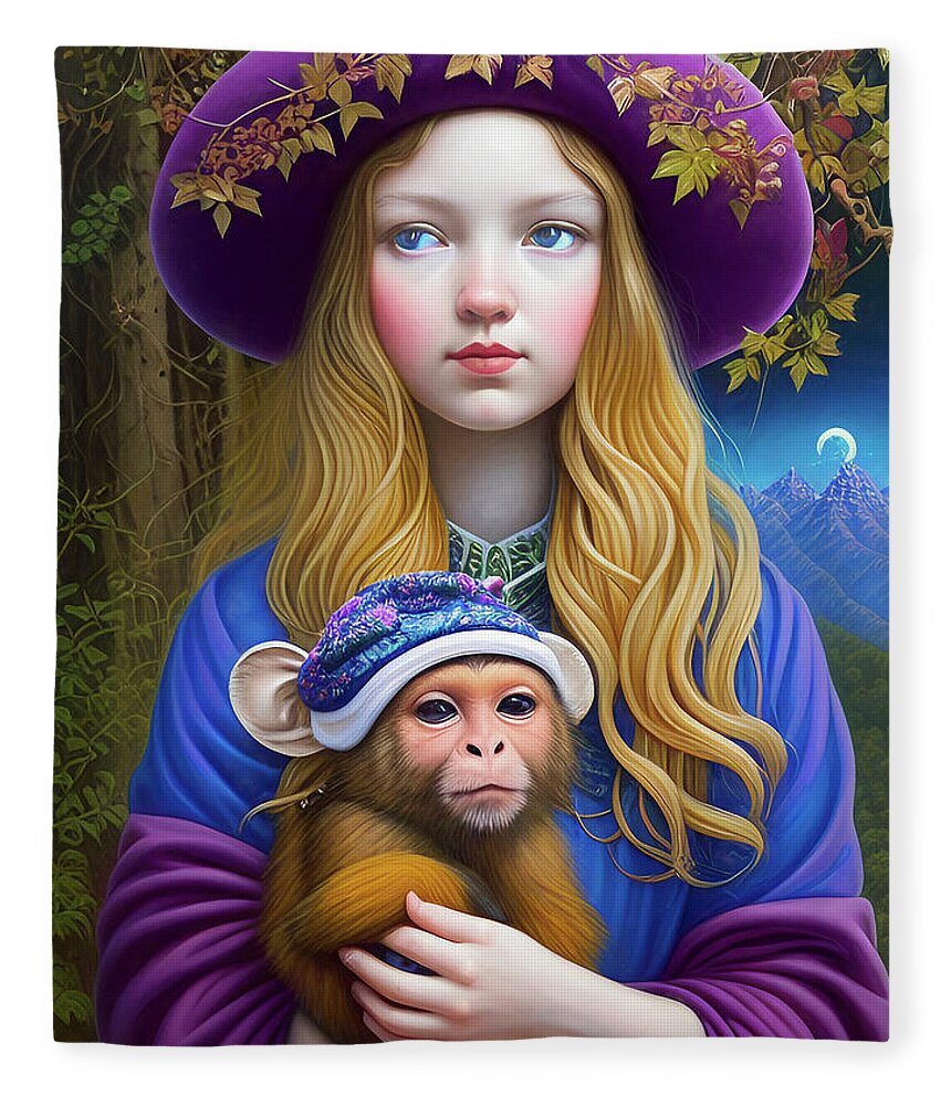 Monkey Fleece Blanket featuring the mixed media Dream Monkey by Lynda Lehmann