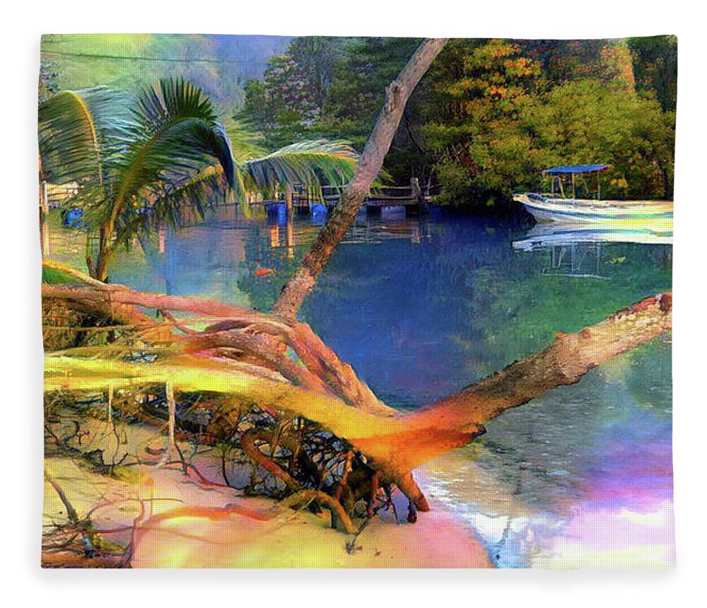 Boat Fleece Blanket featuring the digital art Dream of Koh Chang, Thailand by Jeremy Holton