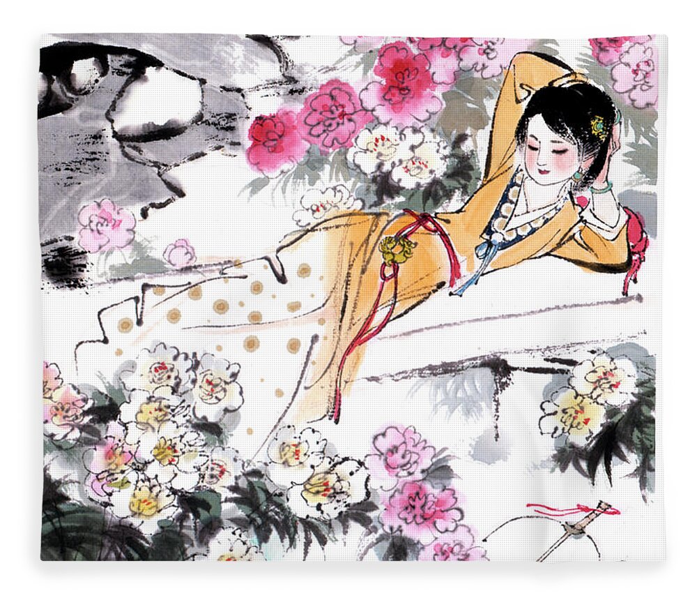 Liu Danzhai Fleece Blanket featuring the painting Dream of the Red Chamber - Woman Laying In Garden by Liu Danzhai