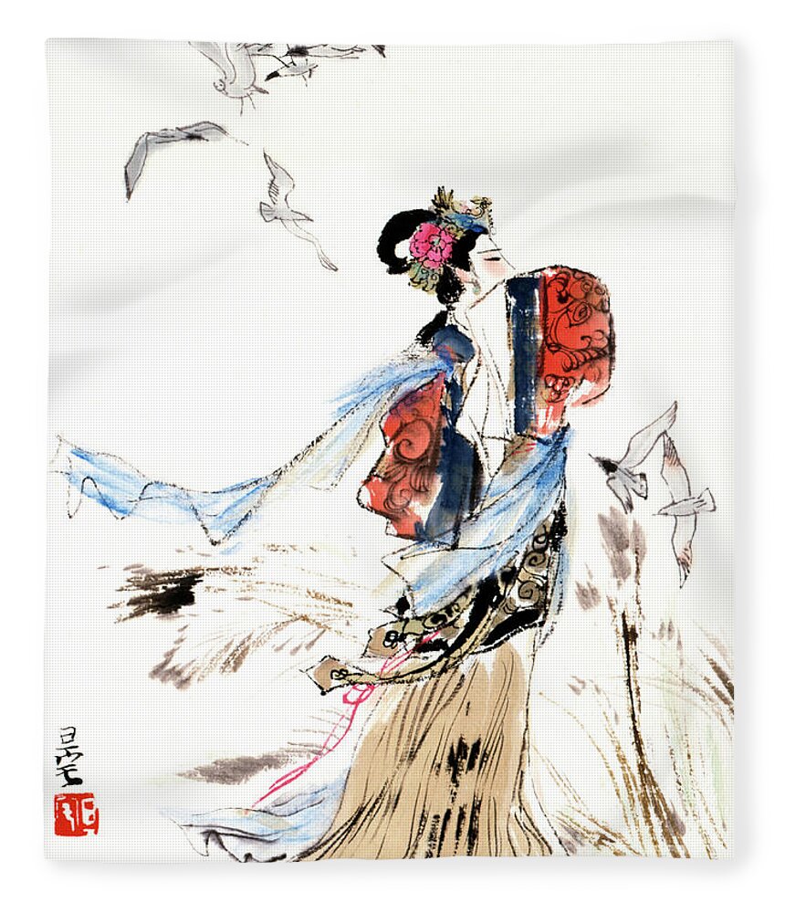 Liu Danzhai Fleece Blanket featuring the painting Dream of the Red Chamber - Woman Windswept In Wind by Liu Danzhai