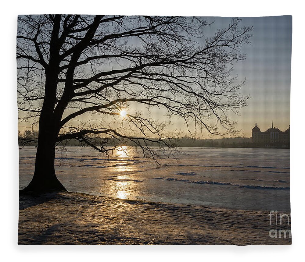 Dreamy Fleece Blanket featuring the photograph Winter sunset at Moritzburg Castle 1 by Adriana Mueller