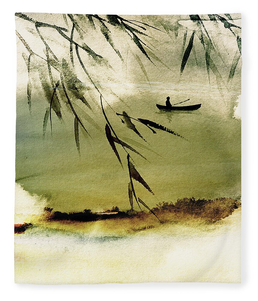 Fishing Scene Fleece Blanket featuring the mixed media Drifting by Colleen Taylor
