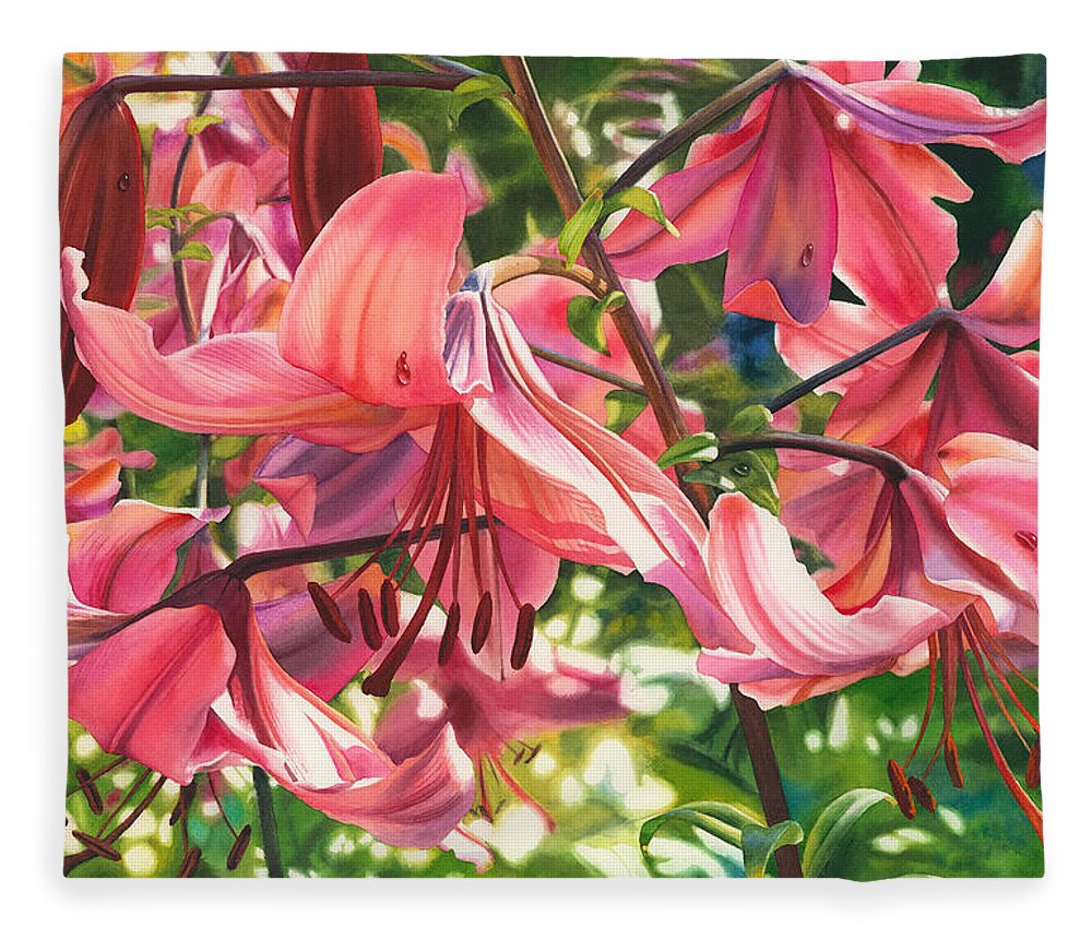 Lilies Fleece Blanket featuring the painting Dripping Fragrance by Espero Art