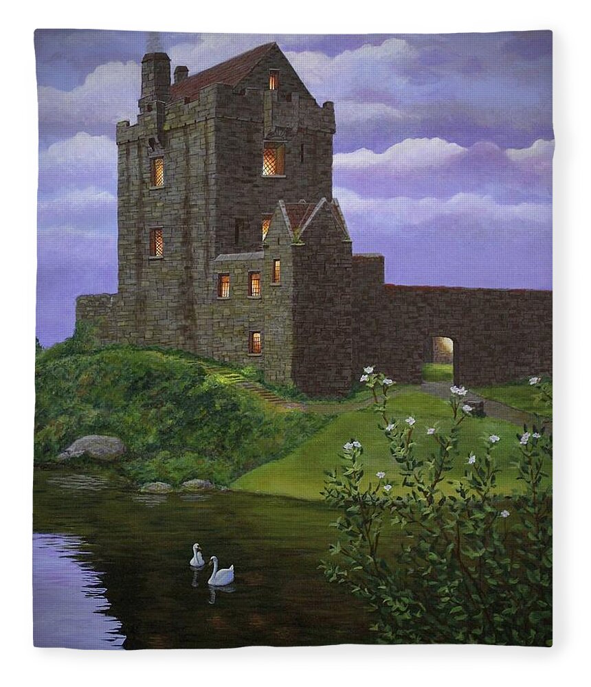 Kim Mcclinton Art Fleece Blanket featuring the painting Dusk at Dunguaire Castle by Kim McClinton