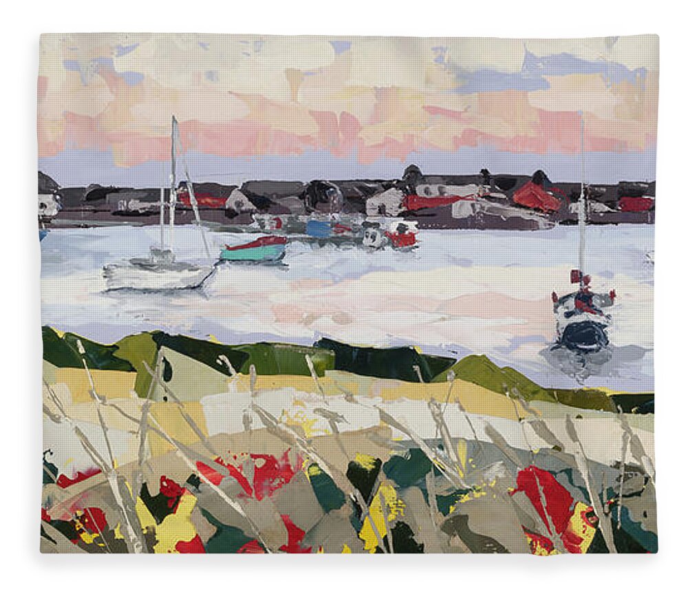 Impasto Fleece Blanket featuring the painting Dusk at Findhorn Marina, 2015 by PJ Kirk
