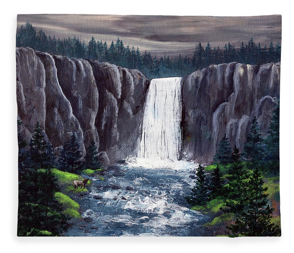 Tumalo Falls Fleece Blanket featuring the painting Dusk at Tumalo Falls by Laura Iverson