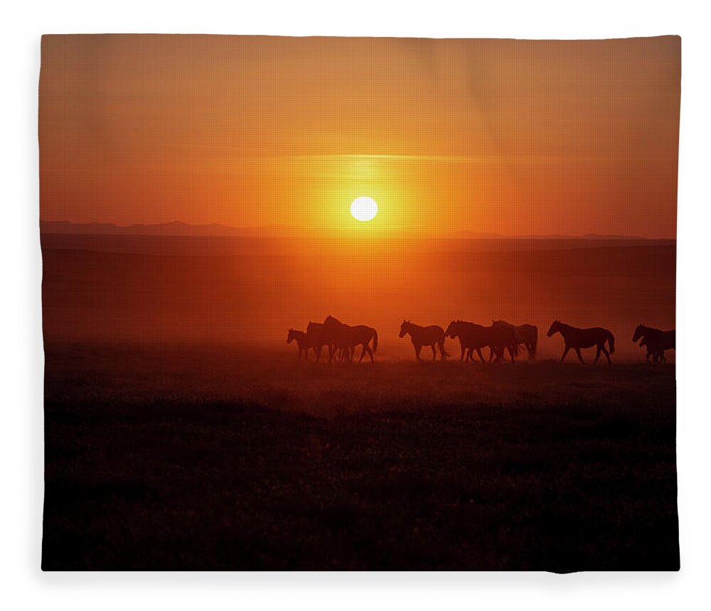 Horse Fleece Blanket featuring the photograph Dusky Orange Wild Horse Sunset by Dirk Johnson