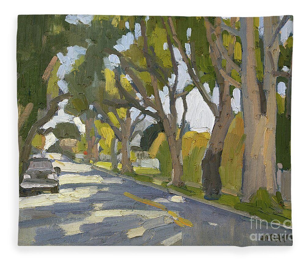 Eucalyptus Fleece Blanket featuring the painting E Street Row of Eucalyptus Trees - Coronado, California by Paul Strahm