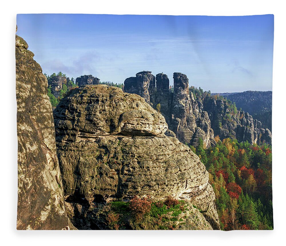 Saxon Switzerland Fleece Blanket featuring the photograph Early morning on Neurathen Castle by Sun Travels