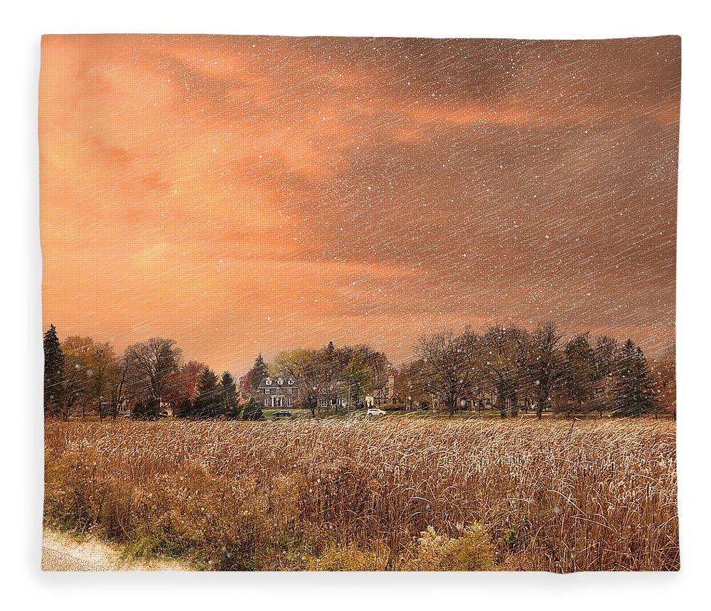 Lake Nokomis Fleece Blanket featuring the digital art Early Morning Snow Flurries at Lake Nokomis by Glenn Galen