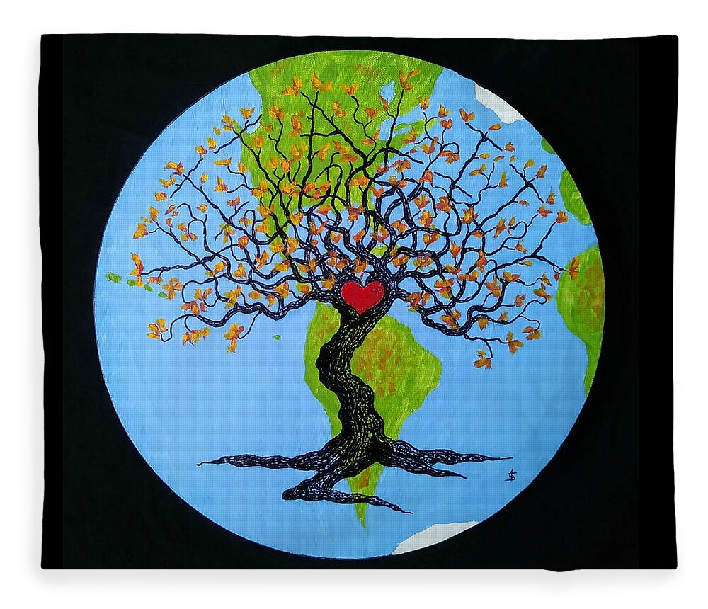 Vitality Fleece Blanket featuring the drawing Earth-Vitality Love Tree by Aaron Bombalicki