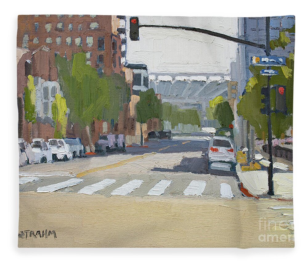East Village Fleece Blanket featuring the painting East Village Near Petco Park - San Diego, California by Paul Strahm