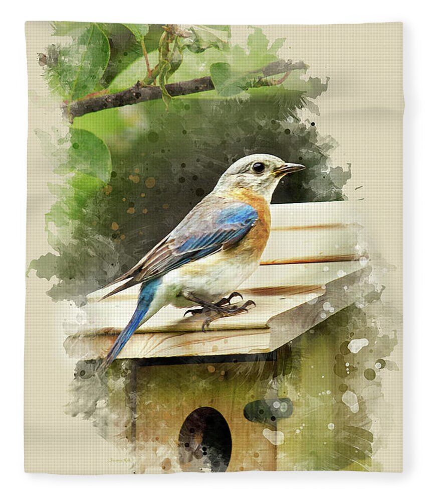 Bluebird Fleece Blanket featuring the mixed media Eastern Bluebird Watercolor Art by Christina Rollo