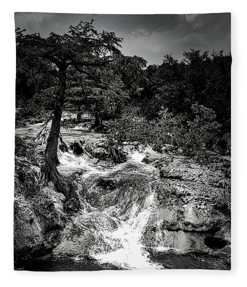 Tree Fleece Blanket featuring the photograph Edge Falls Boerne, TX BW by Rene Vasquez