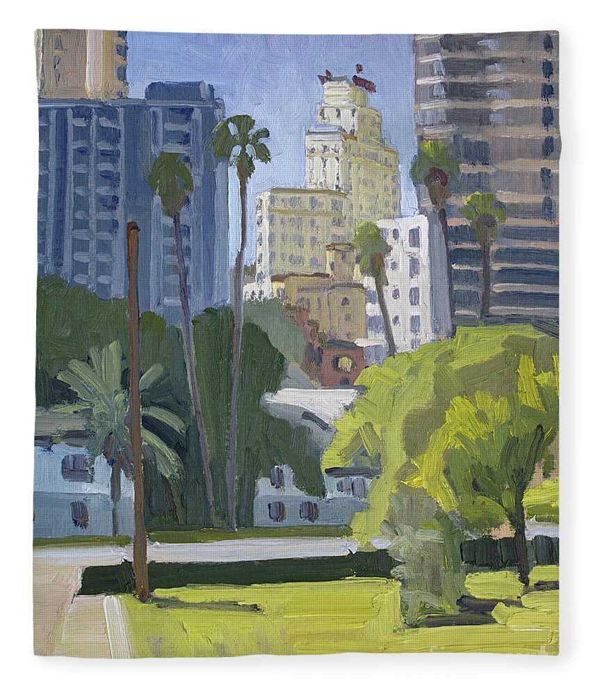 El Cortez Fleece Blanket featuring the painting El Cortez Building - Downtown San Diego, California by Paul Strahm