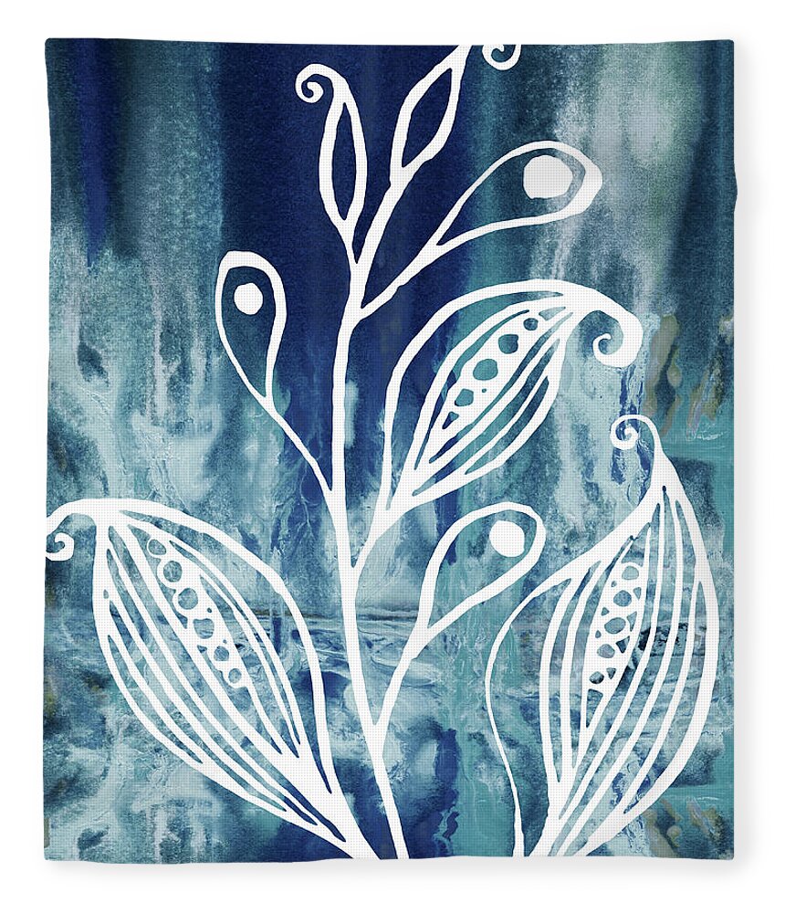 Floral Pattern Fleece Blanket featuring the painting Elegant Pattern With Leaves In Teal Blue Watercolor II by Irina Sztukowski