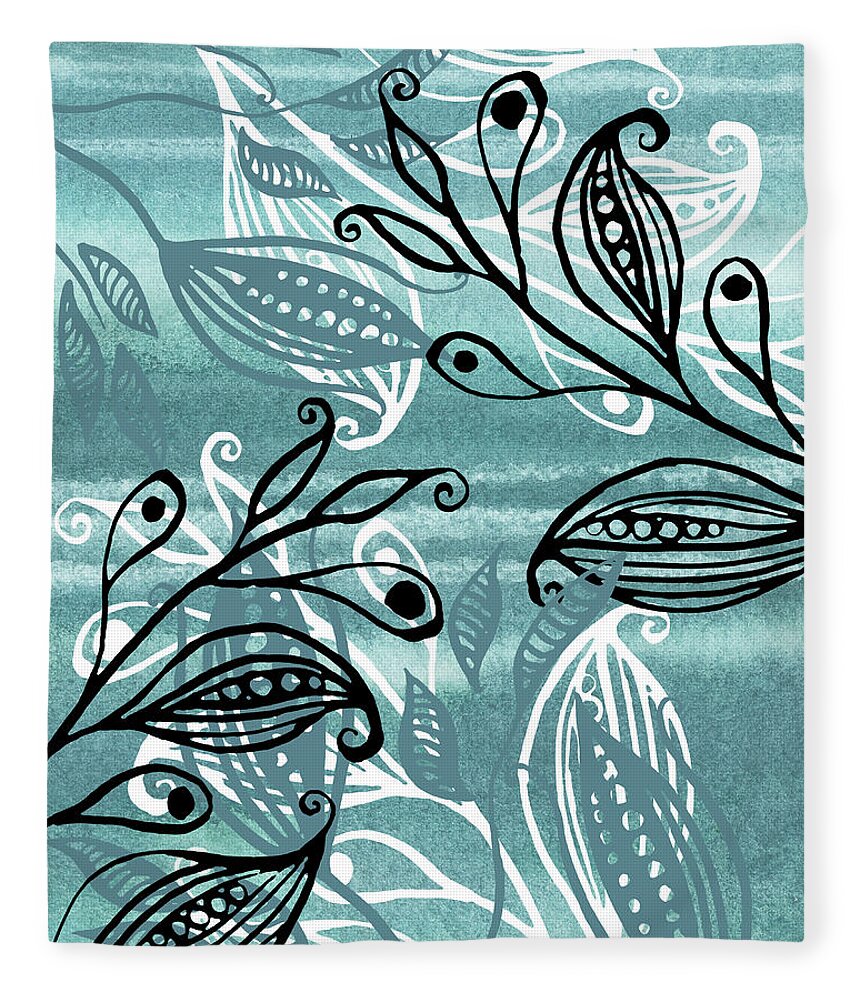 Pods Fleece Blanket featuring the painting Elegant Pods And Seeds Pattern With Leaves Teal Blue Watercolor V by Irina Sztukowski