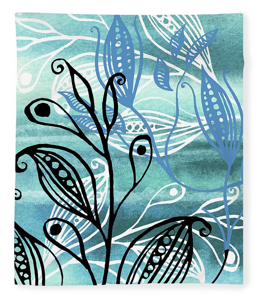 Pods Fleece Blanket featuring the painting Elegant Pods And Seeds Pattern With Leaves Teal Blue Watercolor VI by Irina Sztukowski