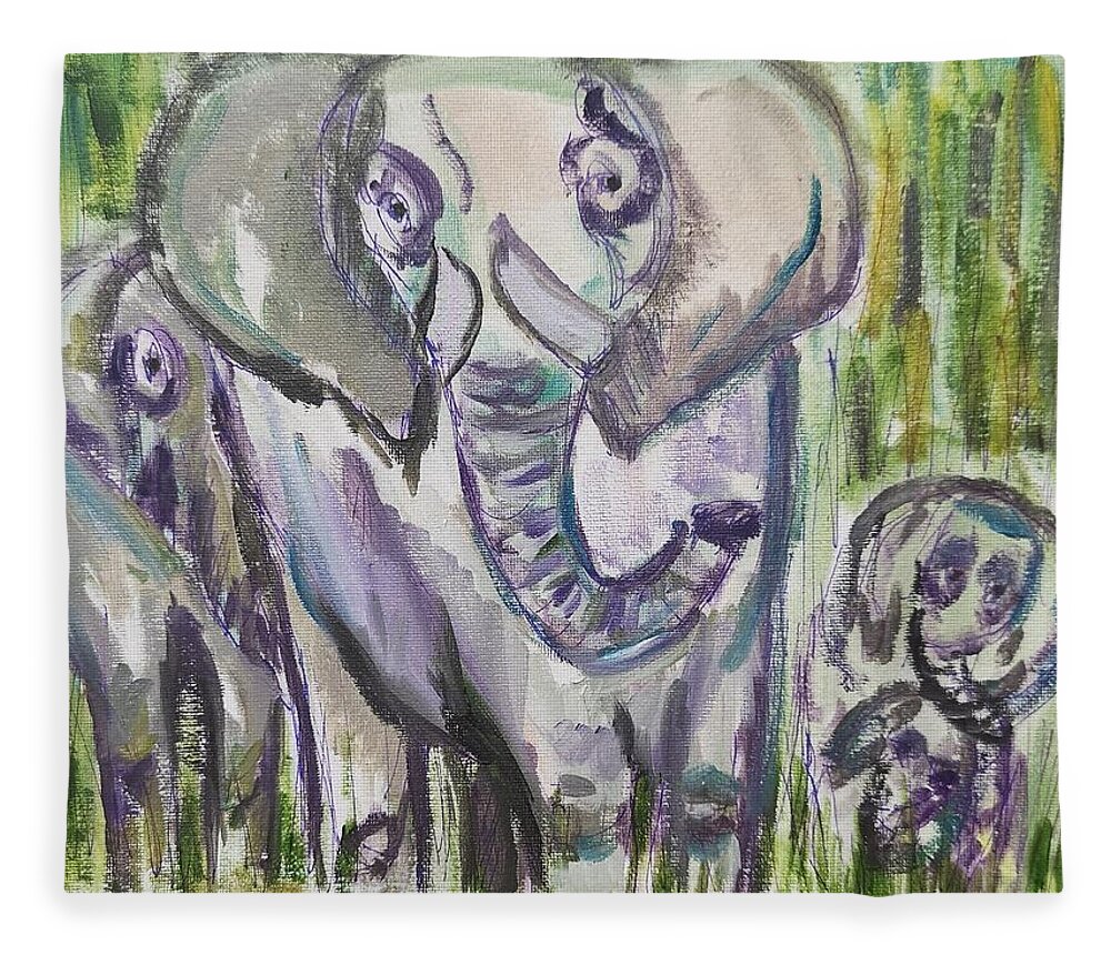 Elephants Fleece Blanket featuring the painting Elephant family in abstract by Lisa Koyle