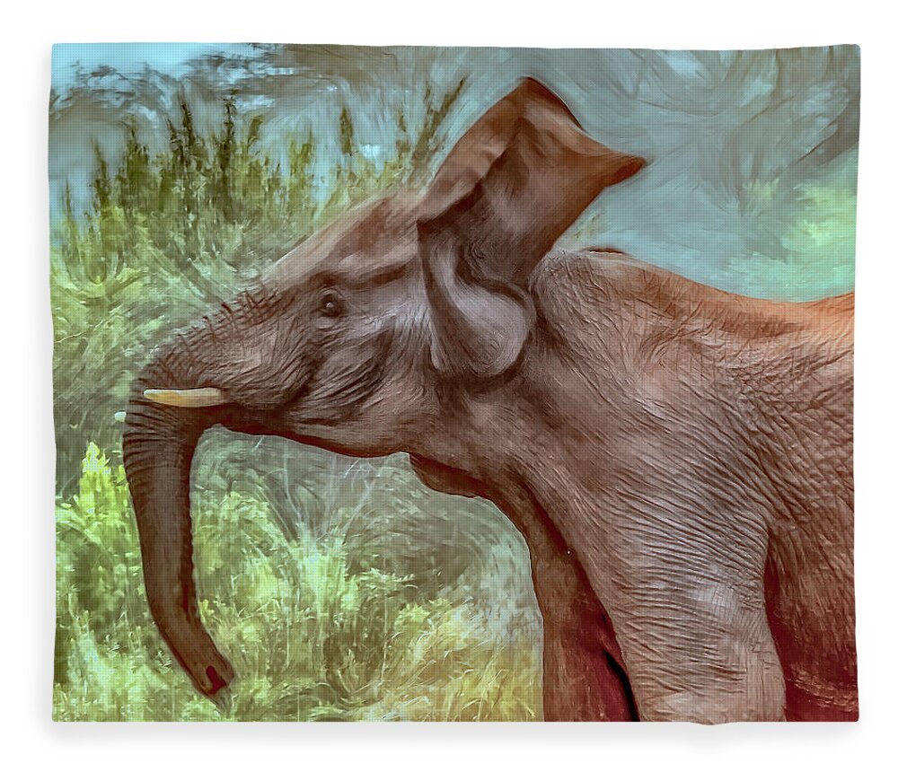 South Africa Fleece Blanket featuring the photograph Elephant Joy, Painterly by Marcy Wielfaert