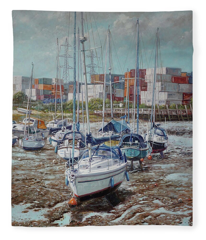 Boats Fleece Blanket featuring the painting Eling Yacht Southampton Containers by Martin Davey