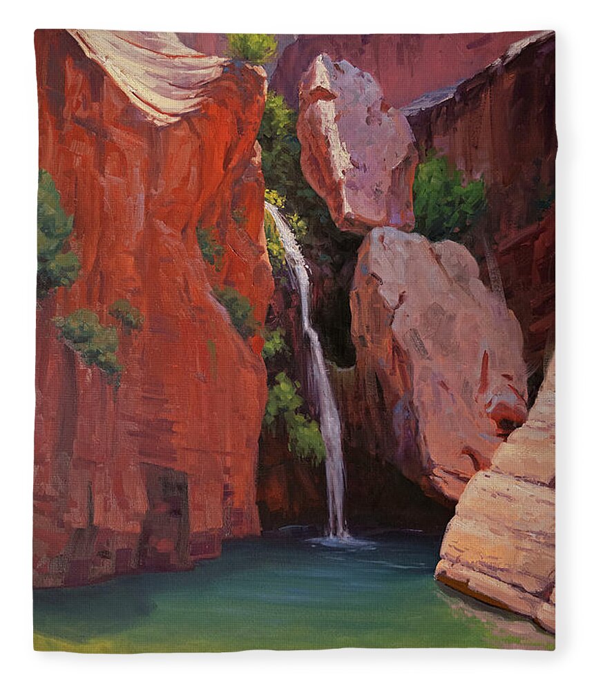 Waterfall Fleece Blanket featuring the painting Elves Chasm by Cody DeLong