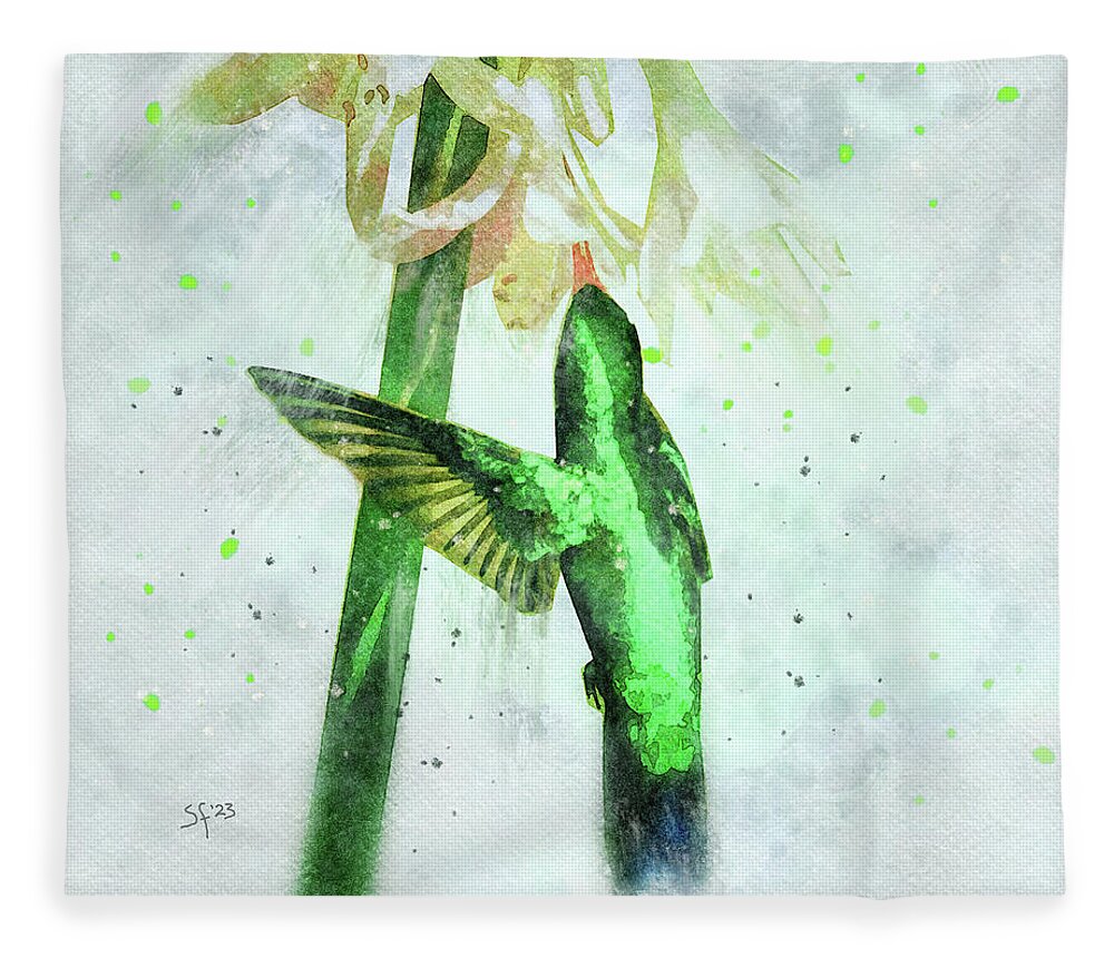 Hummingbird Fleece Blanket featuring the mixed media Emerald Green Hummingbird Watercolor Wildlife Painting by Shelli Fitzpatrick